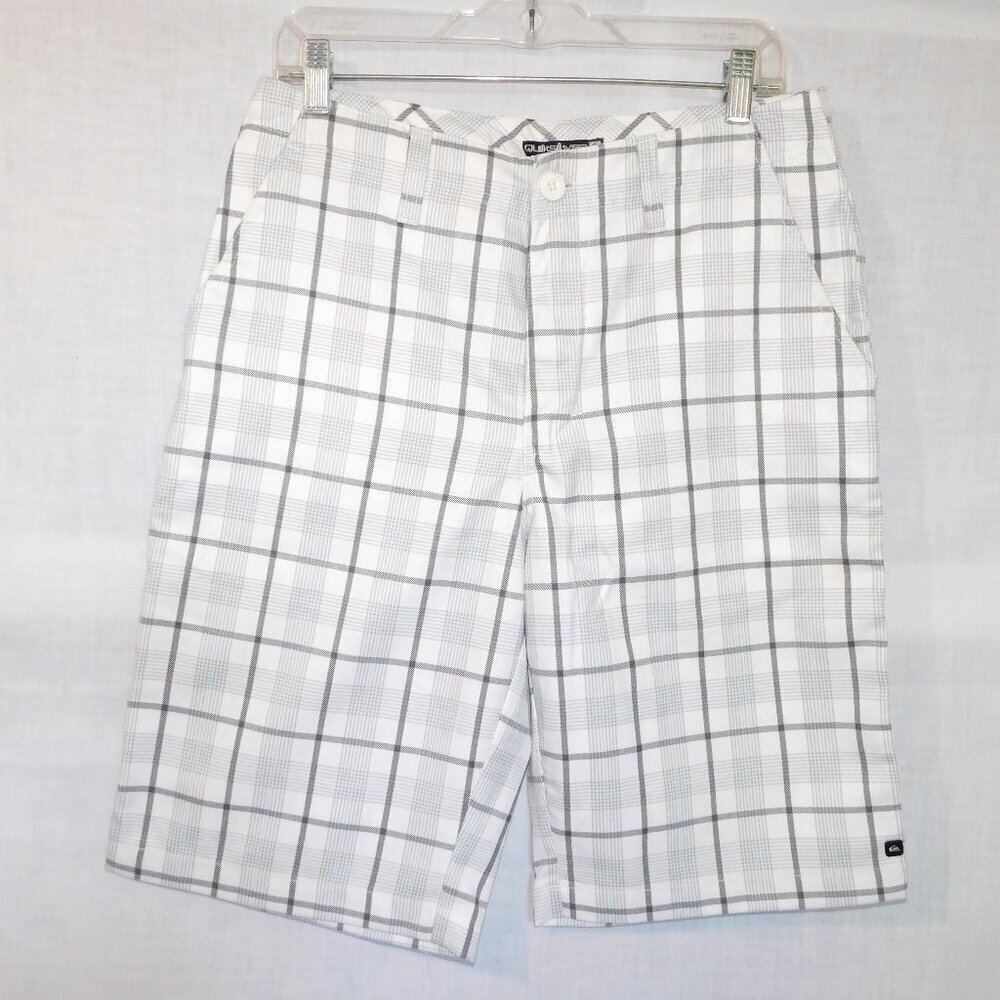 Quiksilver Mens 30 White Gray blue plaid Flat Front water resistant Shorts